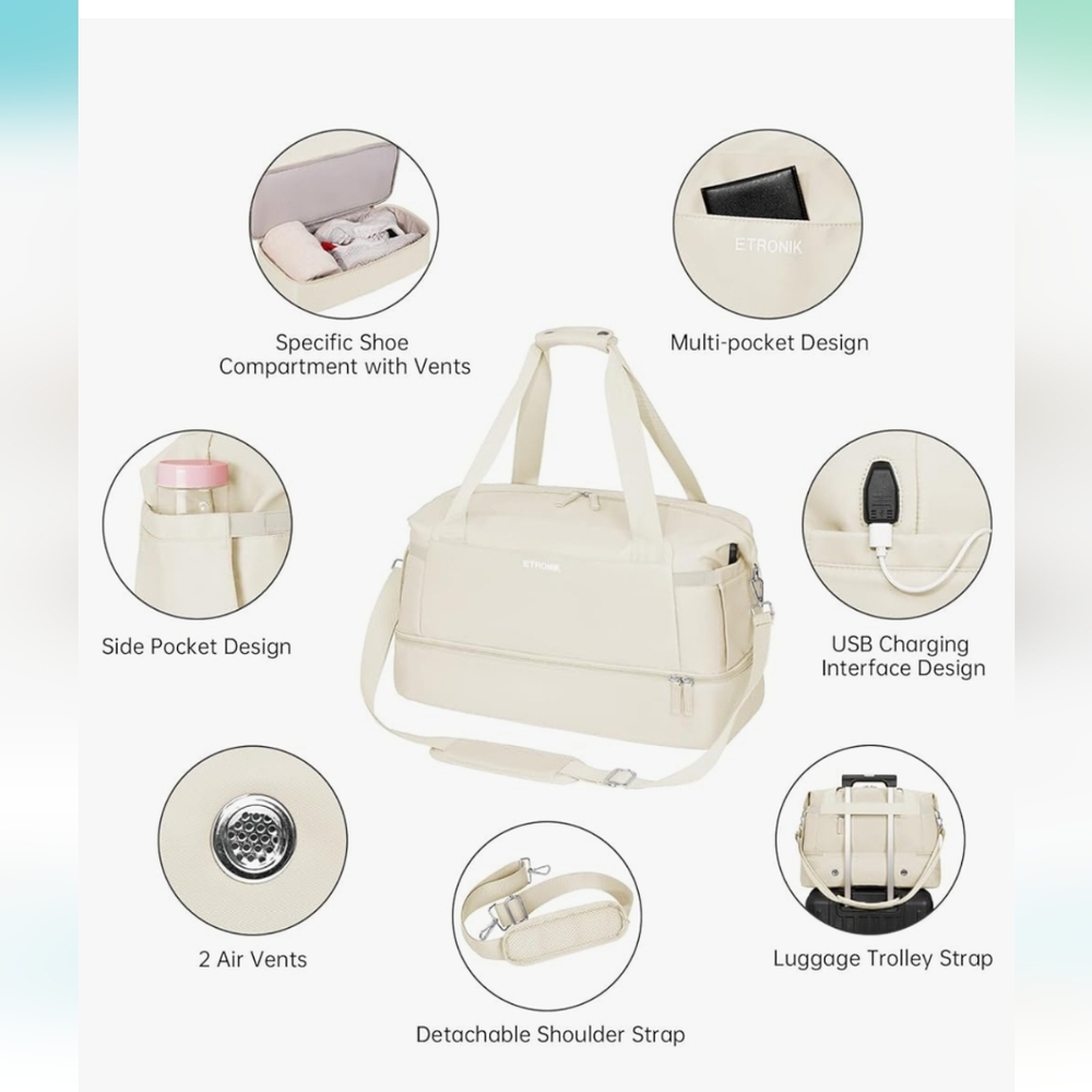 Gym Bag for Women, Travel Duffel Bag with USB Charging Port